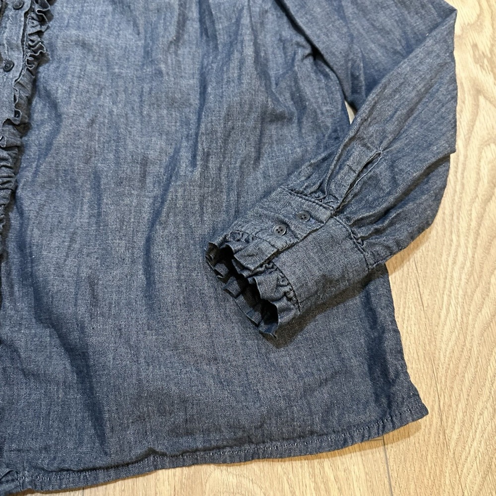 Boden Denim Statement Collar Blouse Top size 12 Ruffle Cottagecore Read Wife EUC - Picture 4 of 9